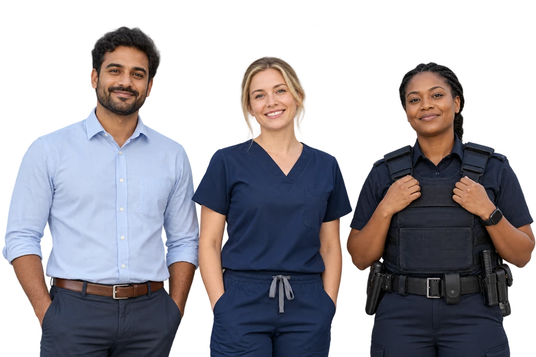 A teacher, nurse and police officer standing together.
