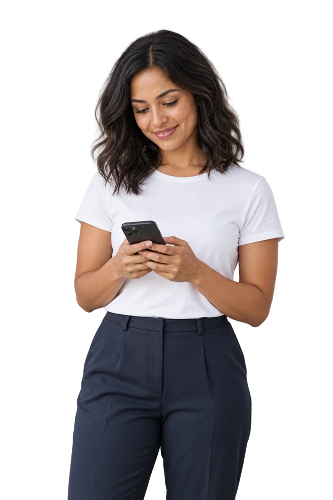 A woman in a white shirt looking at her phone.